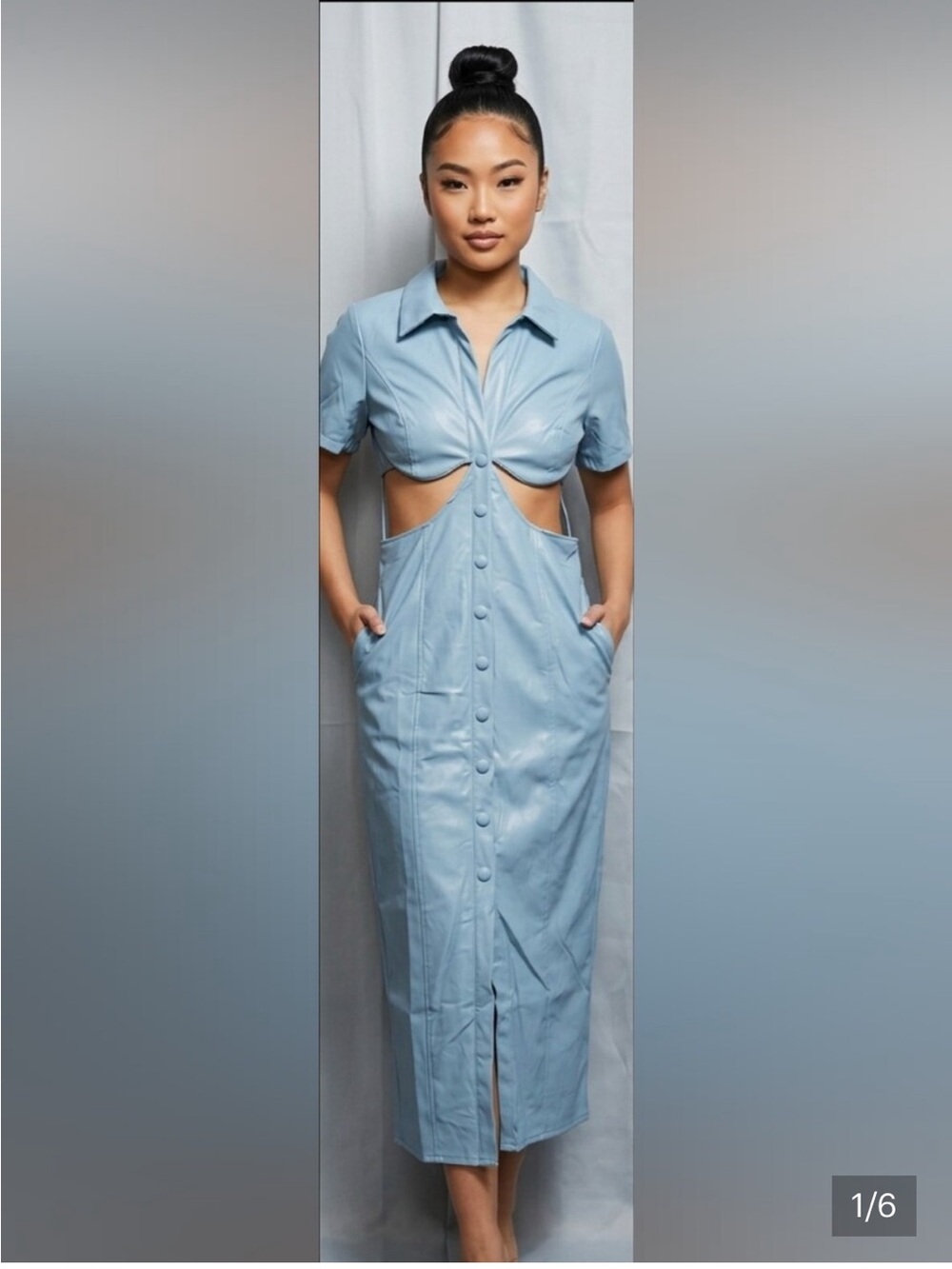 Reverof Light Blue Leather Cutout Crop Top Button-Front Midi Dress XS